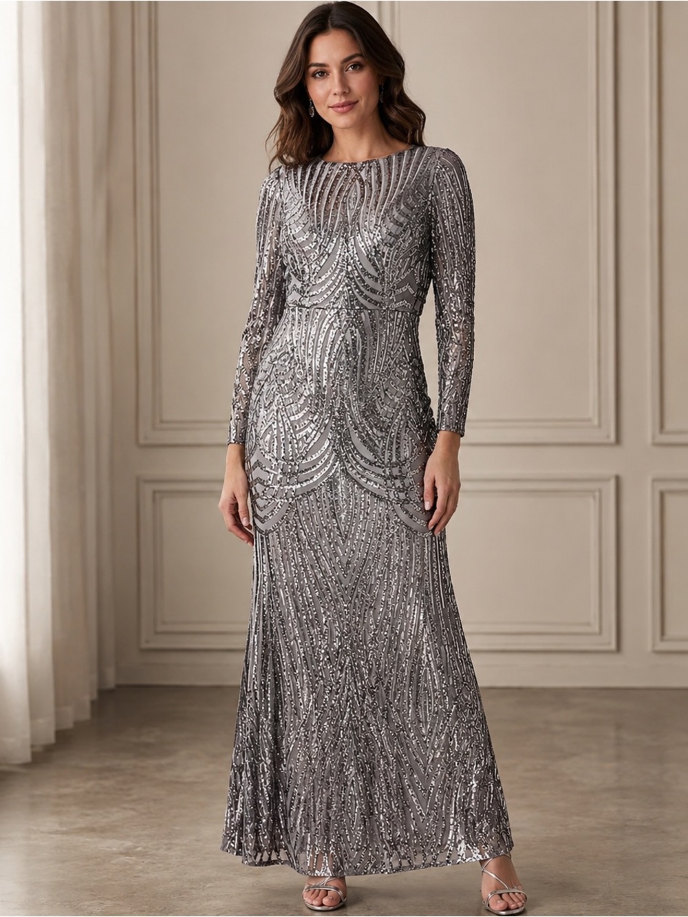 NWT Adrianna Papell Sequin Mermaid Gown Stone Grey Size 4